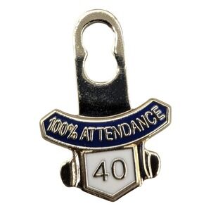 Vintage RCP 100% Attendance 40 Year Award Pin Charm Gold Tone Blue White Enamel